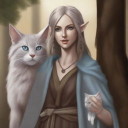 A high-quality digital art piece showcases a tall Half-elf Druid with wavy gray-blond hair and soft blue eyes