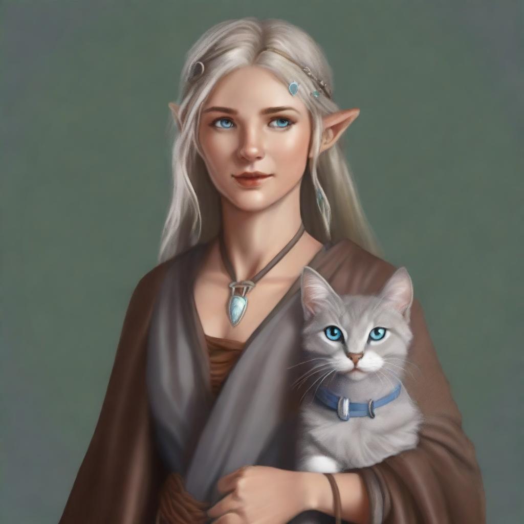 This digital art piece, rendered in a realistic style, depicts a tall Half-elf Druid with wavy gray-blond hair and soft blue eyes