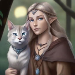 This digital art piece, rendered in a realistic style, depicts a tall Half-elf Druid with wavy gray-blond hair and soft blue eyes