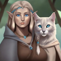 This digital art piece, rendered in a realistic style, depicts a tall Half-elf Druid with wavy gray-blond hair and soft blue eyes