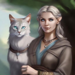 This digital art piece, rendered in a realistic style, depicts a tall Half-elf Druid with wavy gray-blond hair and soft blue eyes