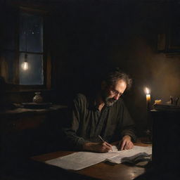 Late-night painting of an exhausted poet deeply engrossed in his poem, in a dark room vaguely illuminated by a solitary candle and subtle moonlight, revealing a cluttered workspace.