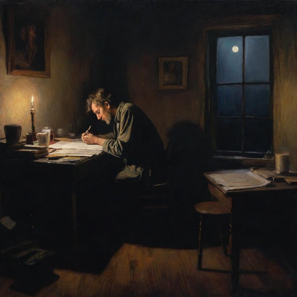 Late-night painting of an exhausted poet deeply engrossed in his poem, in a dark room vaguely illuminated by a solitary candle and subtle moonlight, revealing a cluttered workspace.