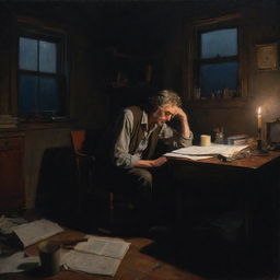 Late-night painting of an exhausted poet deeply engrossed in his poem, in a dark room vaguely illuminated by a solitary candle and subtle moonlight, revealing a cluttered workspace.