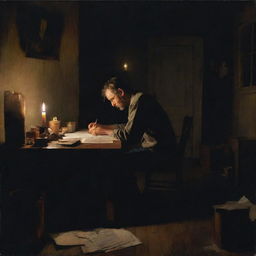 Late-night painting of an exhausted poet deeply engrossed in his poem, in a dark room vaguely illuminated by a solitary candle and subtle moonlight, revealing a cluttered workspace.