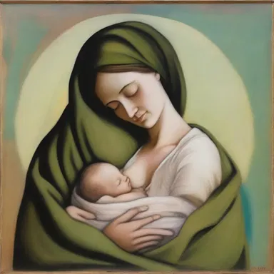 The painting titled 'The Perinatologist's Embrace' portrays a nurturing perinatologist cradling a newborn baby in a serene and comforting manner.