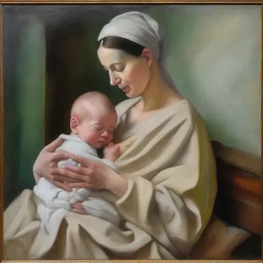 The painting titled 'The Perinatologist's Embrace' portrays a nurturing perinatologist cradling a newborn baby in a serene and comforting manner.