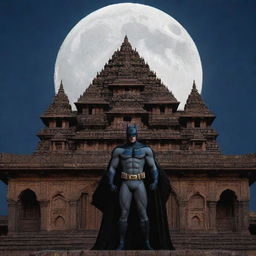 Batman standing in front of the intricate architectural marvel, Ram Mandir, in a serene moon-lit night.