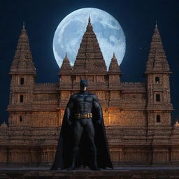 Batman standing in front of the intricate architectural marvel, Ram Mandir, in a serene moon-lit night.