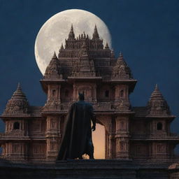 Batman standing in front of the intricate architectural marvel, Ram Mandir, in a serene moon-lit night.