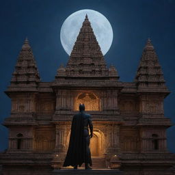 Batman standing in front of the intricate architectural marvel, Ram Mandir, in a serene moon-lit night.