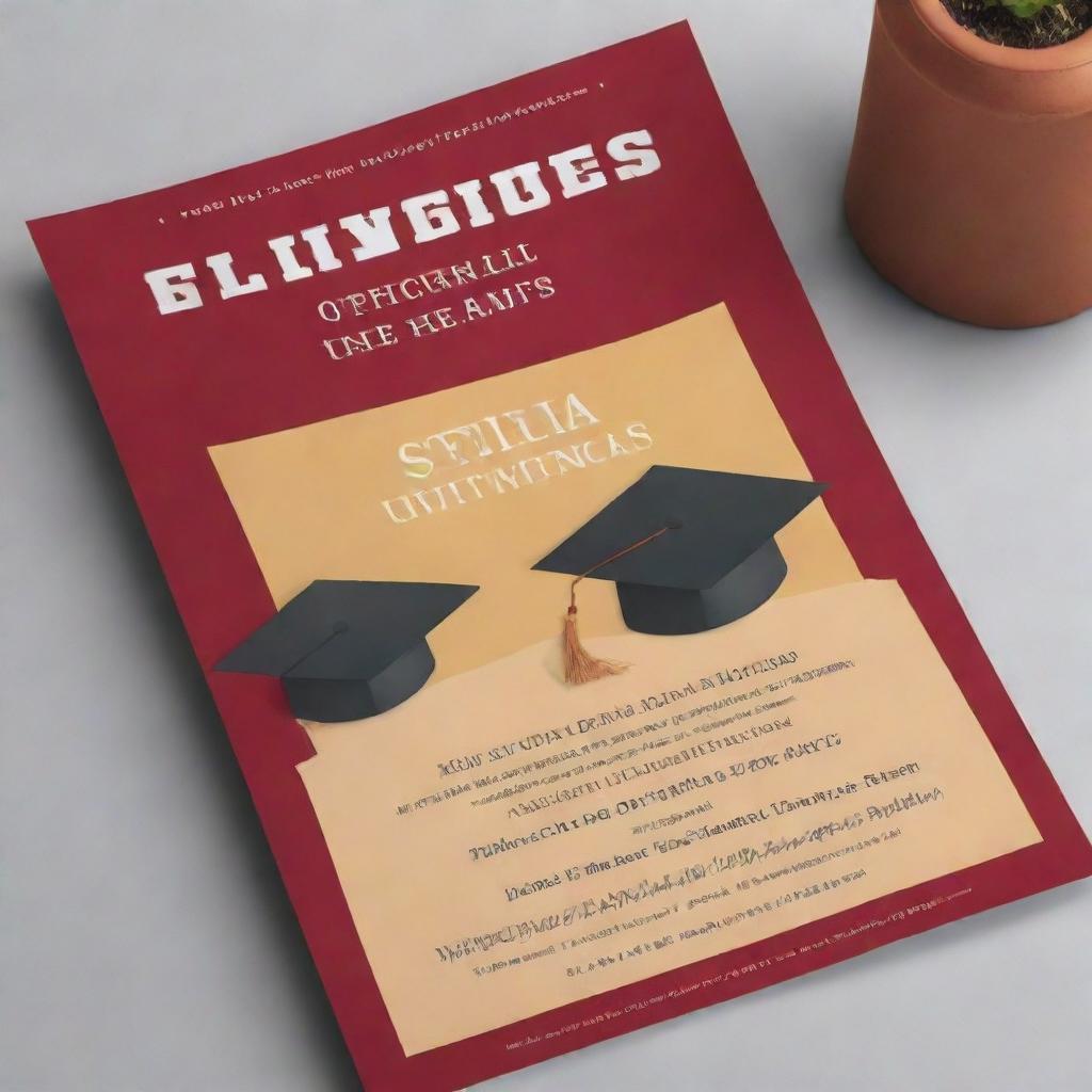 Create an informative and eye-catching university flyer. It should capture the spirit of academia, with elements like mortarboards, diplomas, and a vibrant campus. The flyer color should be a blend of university's official colors.