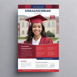 Create an informative and eye-catching university flyer. It should capture the spirit of academia, with elements like mortarboards, diplomas, and a vibrant campus. The flyer color should be a blend of university's official colors.