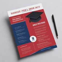 Create an informative and eye-catching university flyer. It should capture the spirit of academia, with elements like mortarboards, diplomas, and a vibrant campus. The flyer color should be a blend of university's official colors.