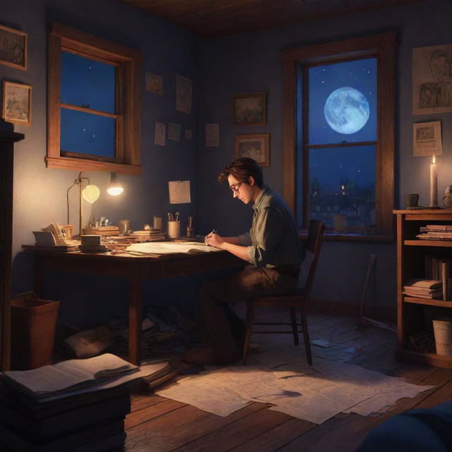 Develop a Pixar-style illustration of a poet entranced by his work late into the night. His room, dimly lit by a single candle and bathed in moonlight, is a display of creative chaos.