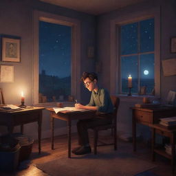 Develop a Pixar-style illustration of a poet entranced by his work late into the night. His room, dimly lit by a single candle and bathed in moonlight, is a display of creative chaos.