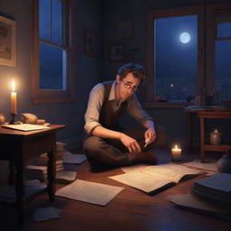 Develop a Pixar-style illustration of a poet entranced by his work late into the night. His room, dimly lit by a single candle and bathed in moonlight, is a display of creative chaos.