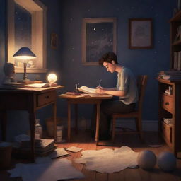 Develop a Pixar-style illustration of a poet entranced by his work late into the night. His room, dimly lit by a single candle and bathed in moonlight, is a display of creative chaos.