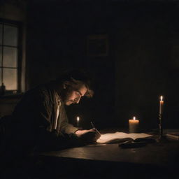 Create a bleak painting of a poet deep into his work late in the night, radiating a sense of melancholy. The dark room, lamplit solely by an unflickering candle and imbued with subtle moonlight, is in disarray.