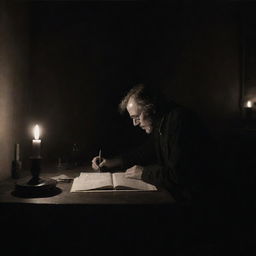 Create a bleak painting of a poet deep into his work late in the night, radiating a sense of melancholy. The dark room, lamplit solely by an unflickering candle and imbued with subtle moonlight, is in disarray.