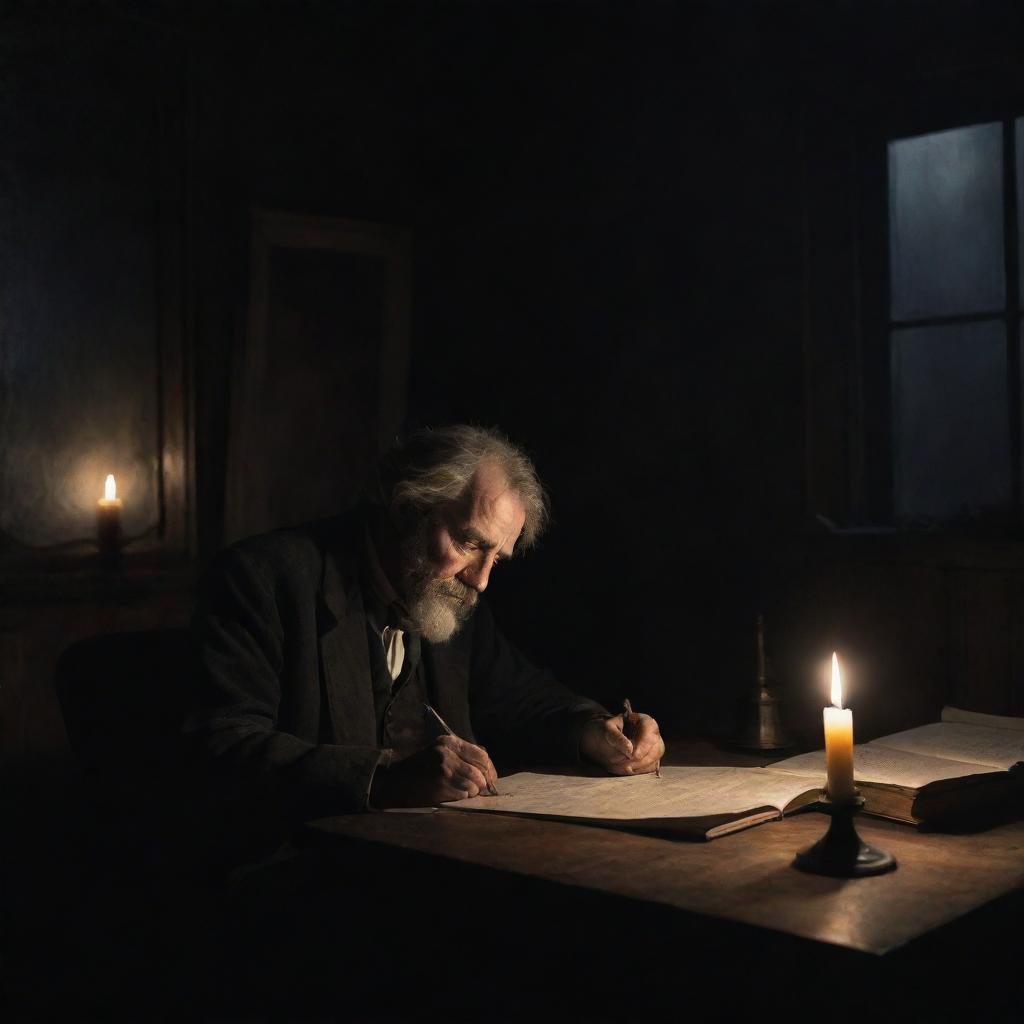 Create a bleak painting of a poet deep into his work late in the night, radiating a sense of melancholy. The dark room, lamplit solely by an unflickering candle and imbued with subtle moonlight, is in disarray.