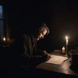 Create a bleak painting of a poet deep into his work late in the night, radiating a sense of melancholy. The dark room, lamplit solely by an unflickering candle and imbued with subtle moonlight, is in disarray.