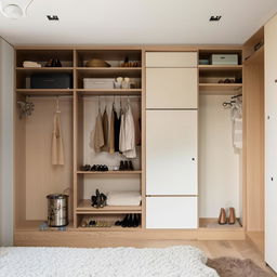 One-room 3x4 meter home interior with a harmonious combination of kitchen, bedroom, and space-optimized large closet.