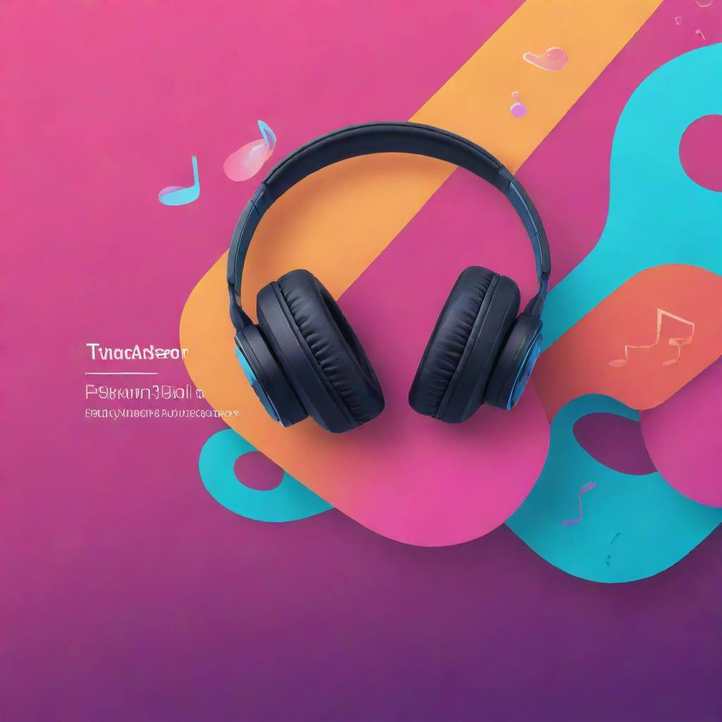 Design a vibrant YouTube banner for a music channel, featuring graphical representation of musical notes, headphones, and an assortment of various genre icons blended with a colorful background.