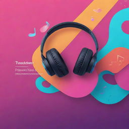 Design a vibrant YouTube banner for a music channel, featuring graphical representation of musical notes, headphones, and an assortment of various genre icons blended with a colorful background.