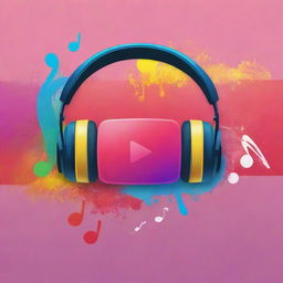 Design a vibrant YouTube banner for a music channel, featuring graphical representation of musical notes, headphones, and an assortment of various genre icons blended with a colorful background.