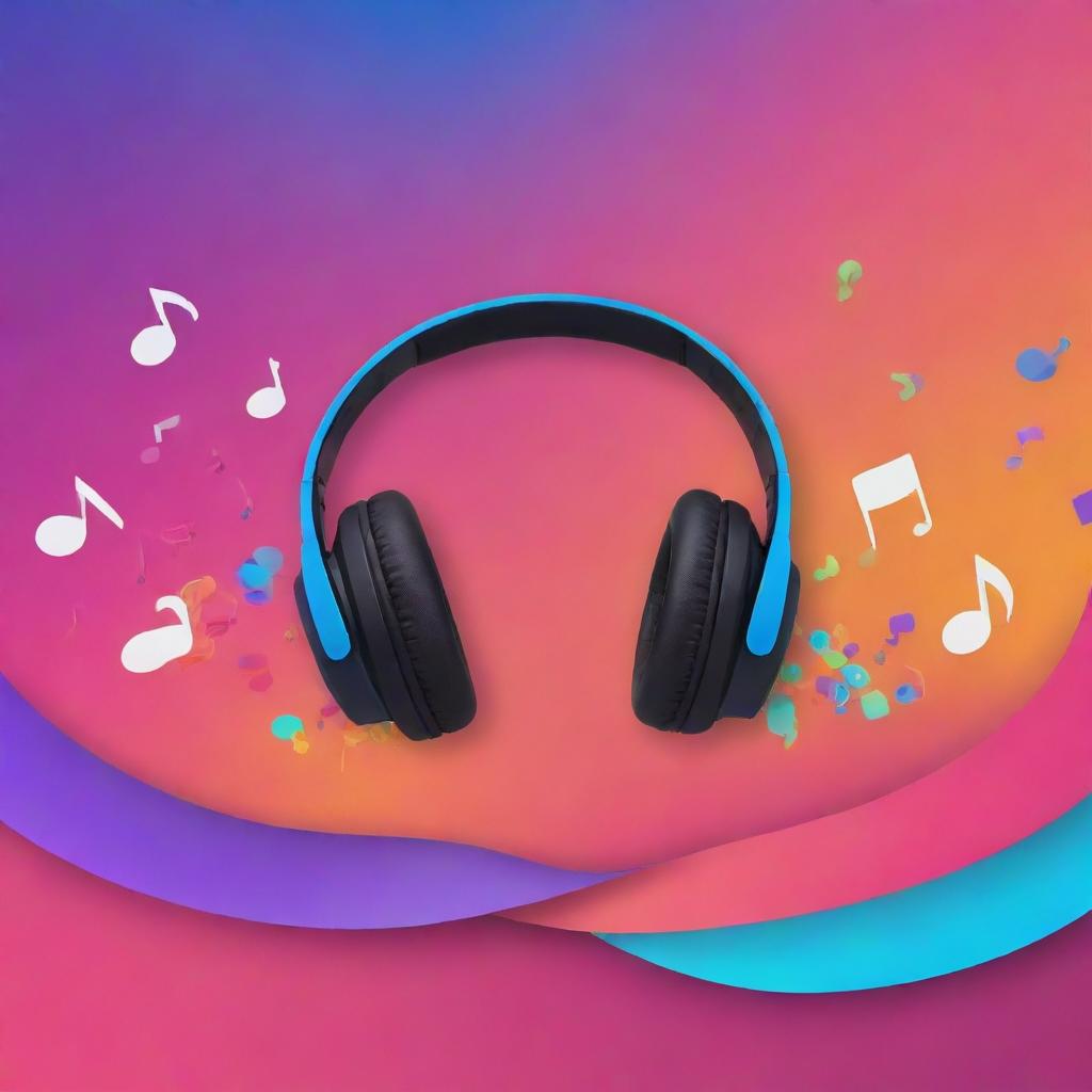 Design a vibrant YouTube banner for a music channel, featuring graphical representation of musical notes, headphones, and an assortment of various genre icons blended with a colorful background.