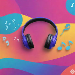 Design a vibrant YouTube banner for a music channel, featuring graphical representation of musical notes, headphones, and an assortment of various genre icons blended with a colorful background.