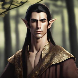 A digital art image of a tall wood elf with dark hair and golden eyes