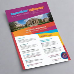 Create a vibrant university flyer for Supershine University with a balance of text and image information. Include university's logo, campus images, event details and contact information in an appealing layout.