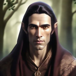 A digital art image of a tall wood elf with dark hair and golden eyes