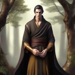 A digital art image of a tall wood elf with dark hair and golden eyes