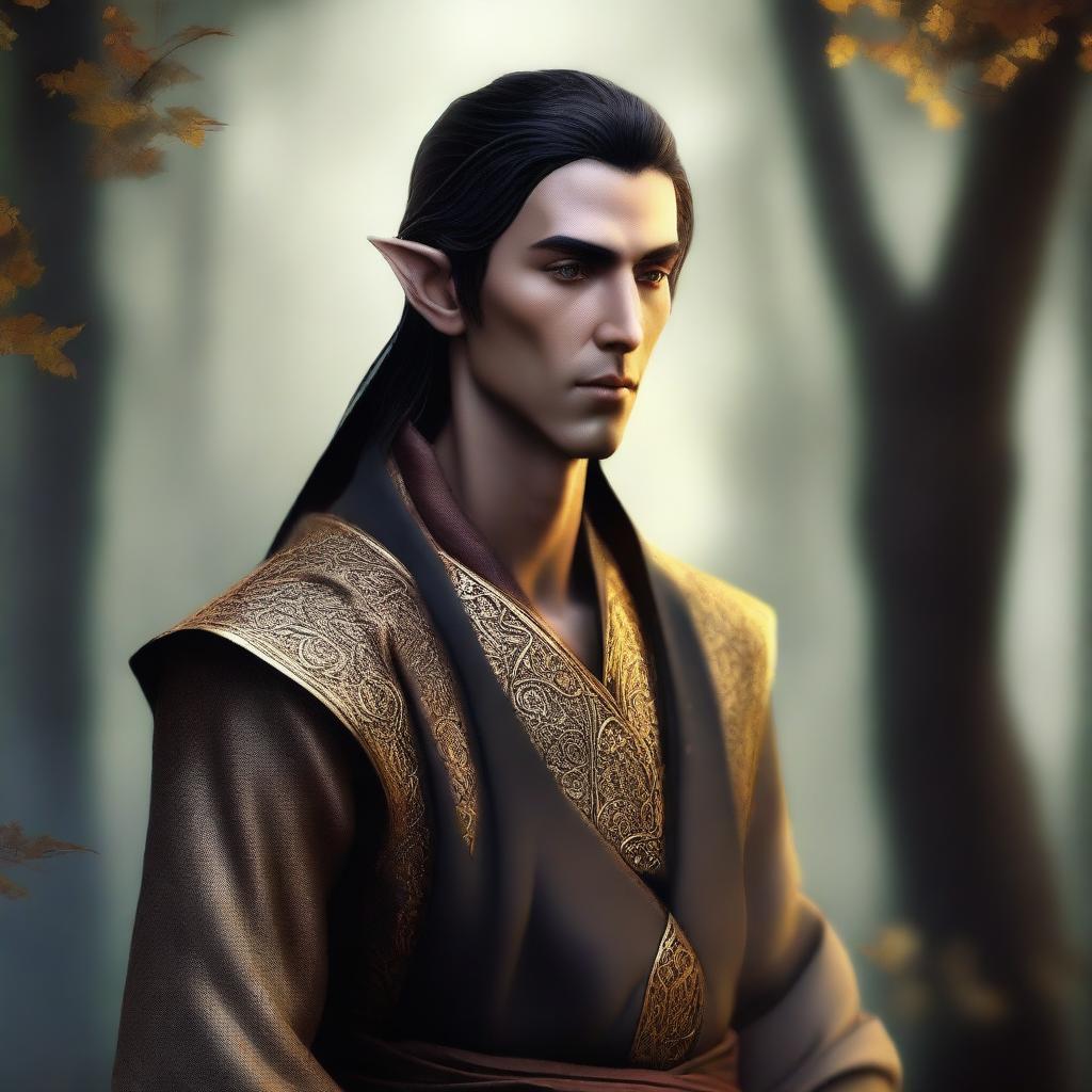 A digital art image of a tall wood elf with dark hair and golden eyes