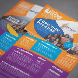 Create a vibrant university flyer for Supershine University with a balance of text and image information. Include university's logo, campus images, event details and contact information in an appealing layout.