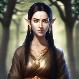 This is a high-quality digital art image of a tall, female wood elf with dark hair and gold eyes