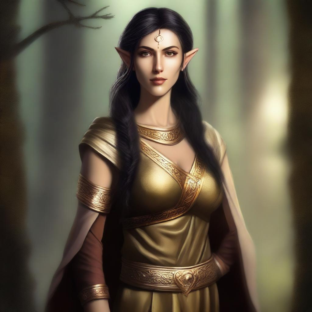 This is a high-quality digital art image of a tall, female wood elf with dark hair and gold eyes