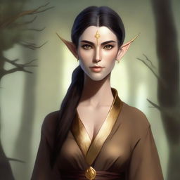 This is a high-quality digital art image of a tall, female wood elf with dark hair and gold eyes