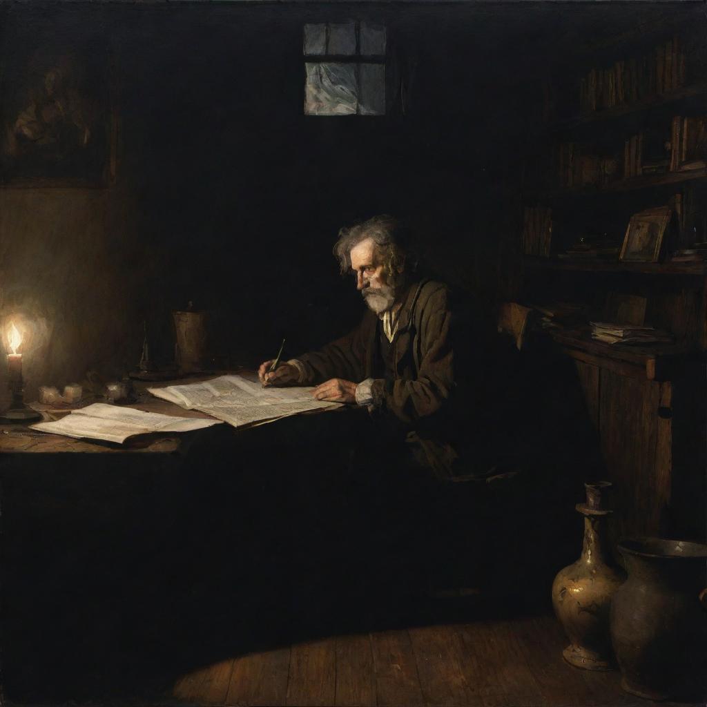 Generate an image of an old, melancholic painting features a poet immersed in his work late into the night, surrounded by the chaos of his dark room lit only by candlelight and moonlight.