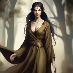 This is a high-quality digital art image of a tall, female wood elf with dark hair and gold eyes