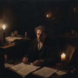 Generate an image of an old, melancholic painting features a poet immersed in his work late into the night, surrounded by the chaos of his dark room lit only by candlelight and moonlight.