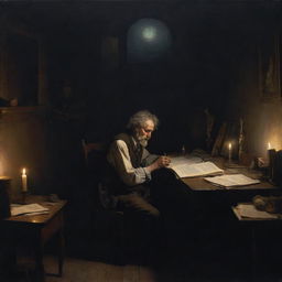 Generate an image of an old, melancholic painting features a poet immersed in his work late into the night, surrounded by the chaos of his dark room lit only by candlelight and moonlight.