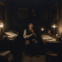 Generate an image of an old, melancholic painting features a poet immersed in his work late into the night, surrounded by the chaos of his dark room lit only by candlelight and moonlight.