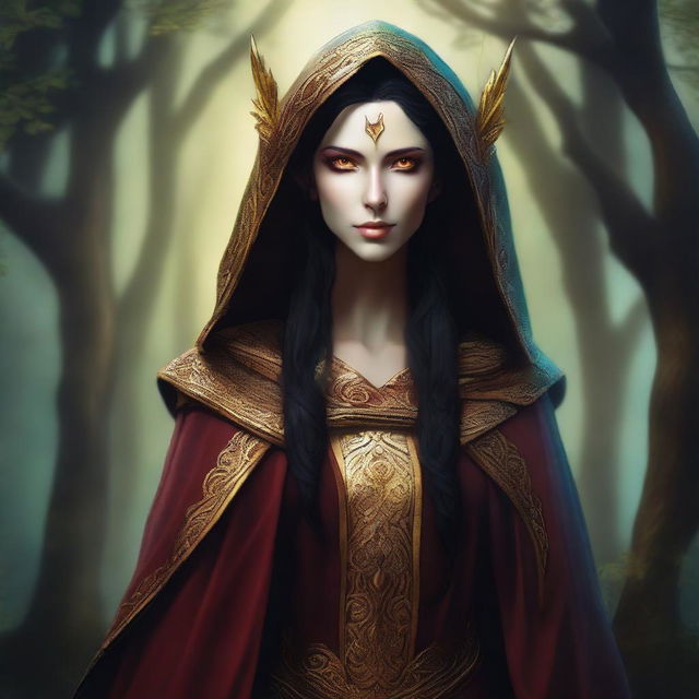 A digital art image of a tall, female wood elf with dark hair and glowing gold eyes