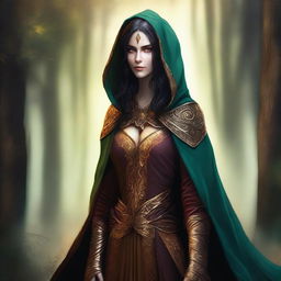 A digital art image of a tall, female wood elf with dark hair and glowing gold eyes