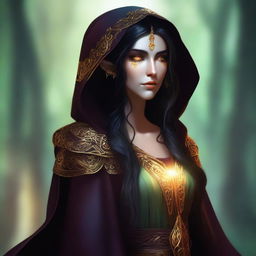 A digital art image of a tall, female wood elf with dark hair and glowing gold eyes