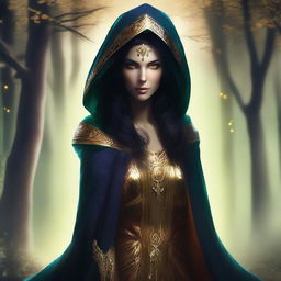 A digital art image of a tall, female wood elf with dark hair and glowing gold eyes